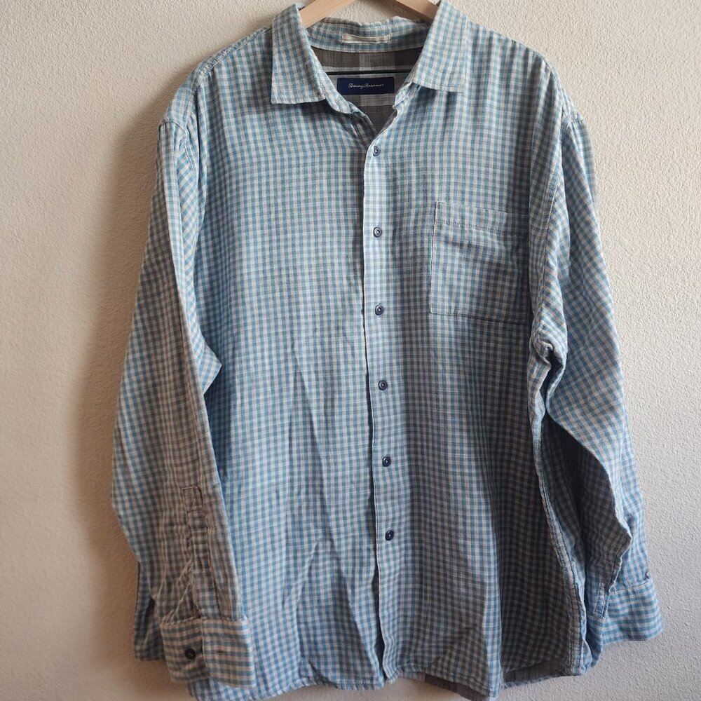 Tommy Bahama Shirt Mens 2XL Blue White Plaid Button Up Long Sleeve 100% Cotton